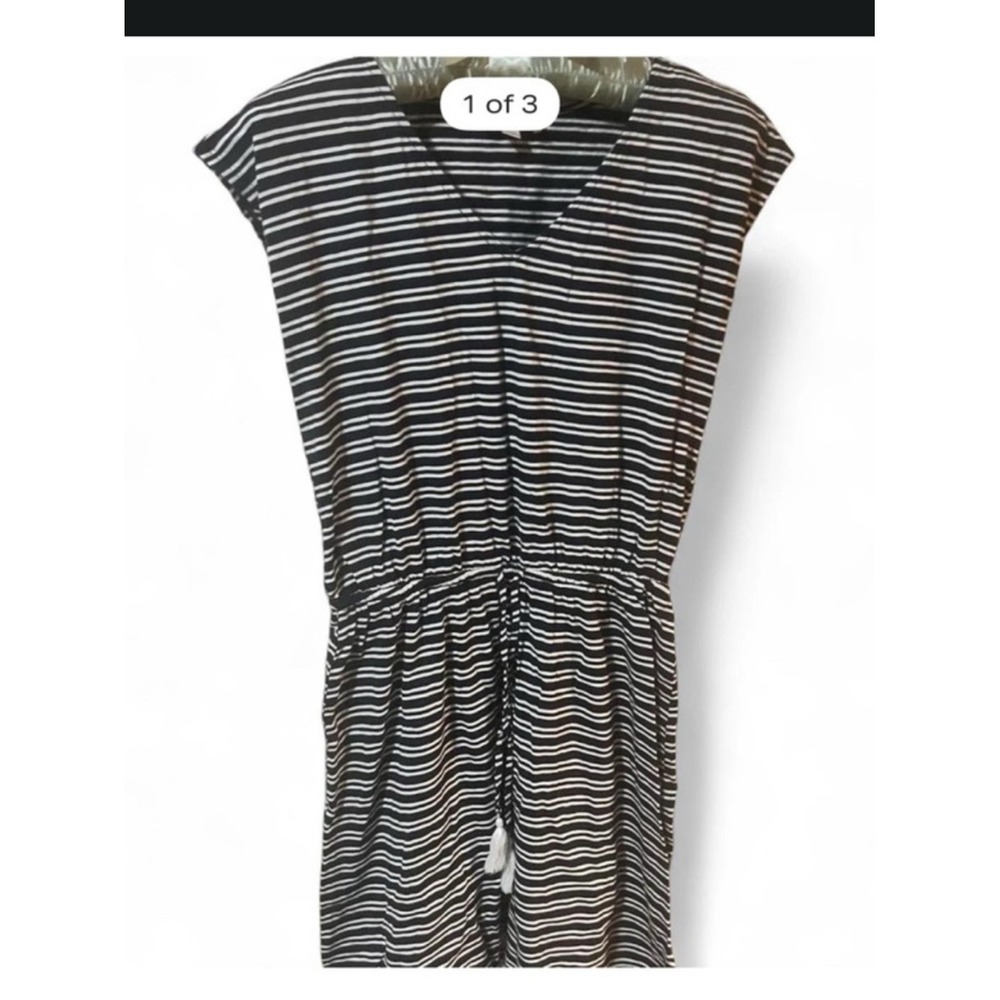 Loft‎ midi dress Womens XS Black Excellent Striped V-Neck Drawstring Waist .